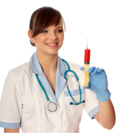 A healthcare trainee holding a syringe with blood sample